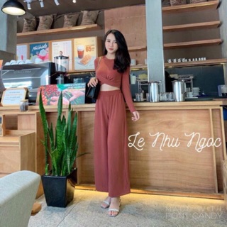 Set len Áo xoắn eo Quần suông