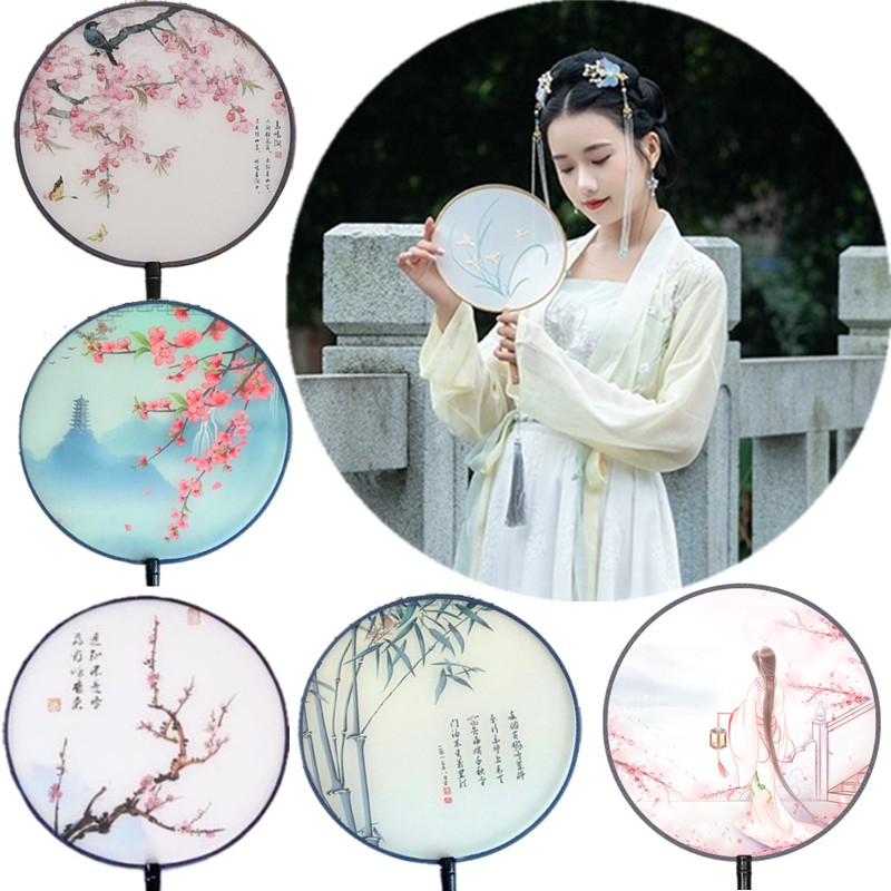 Quạt tròn cổ phong dây tuyến quạt cầm tay phong cách Trung Quốc cổ trang cổ điển in hoa trang trí đẹp nhiều mẫu