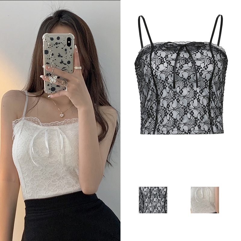 LD-Women’s Fashion Solid Color Lace Camisole Sexy Square Collar Exposed Navel Suspender Tops
