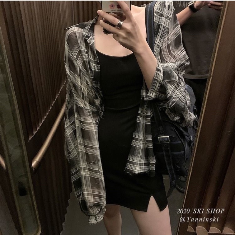 Áo Khoác Sơ Mi Nữ Tay Dài Sọc Caro Ulzzang
