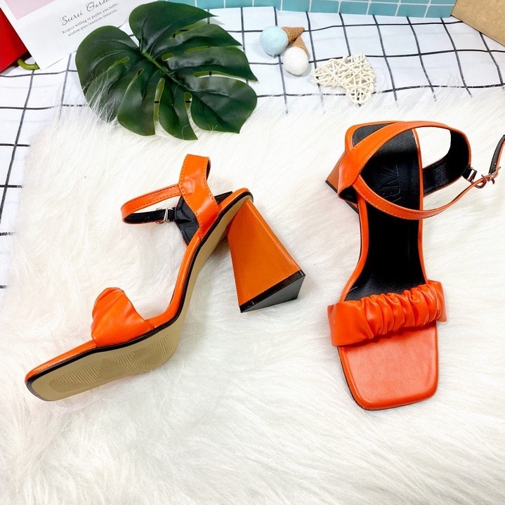 [ HOT HIT ] Giày Cao Gót Sandal Quai Ngang Thiết Kế Bèo Nhún Thời Trang, Gót Trụ Cao 8p - Gsd.quainhung