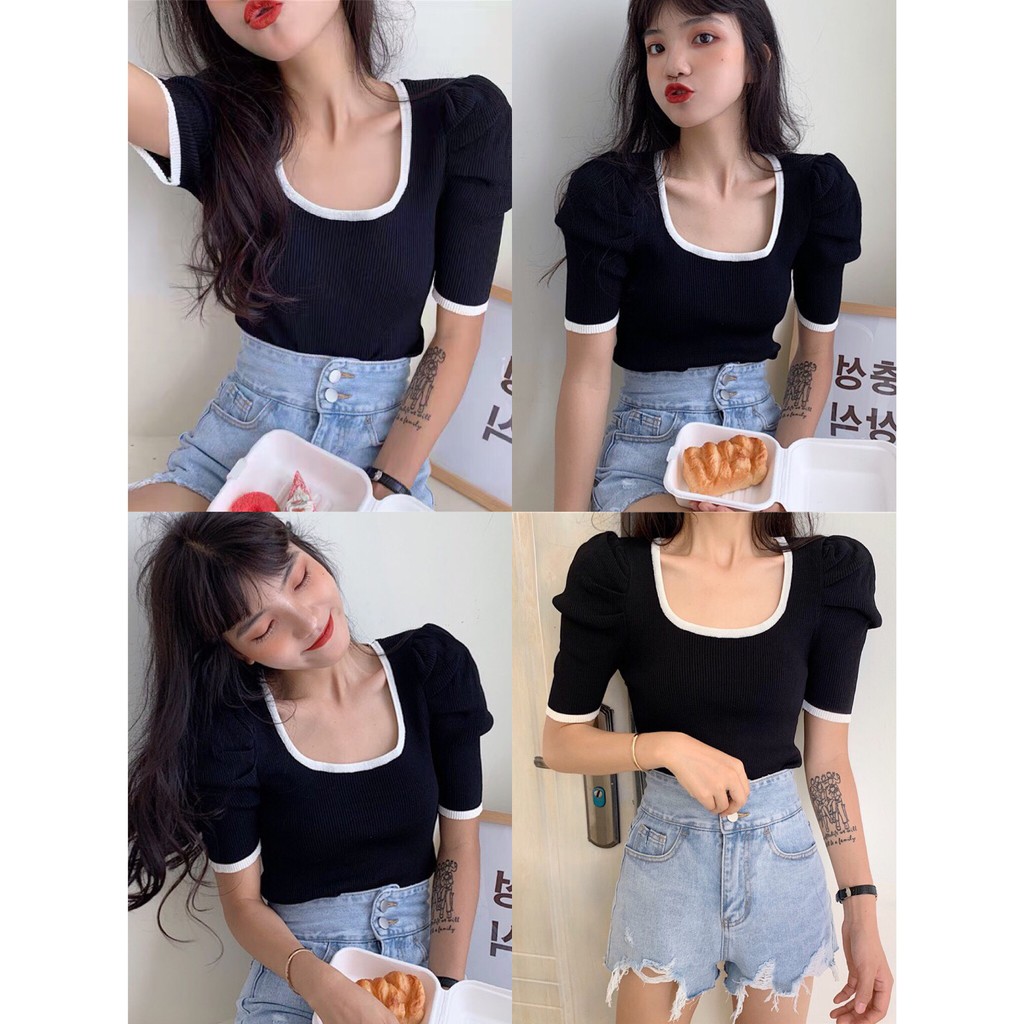 [BÁN SỈ] Áo Len Dệt Kim Nữ Tay Ngắn Bồng Cổ Tròn Viền Cổ Dáng Croptop_Xuống Phố Là Xinh