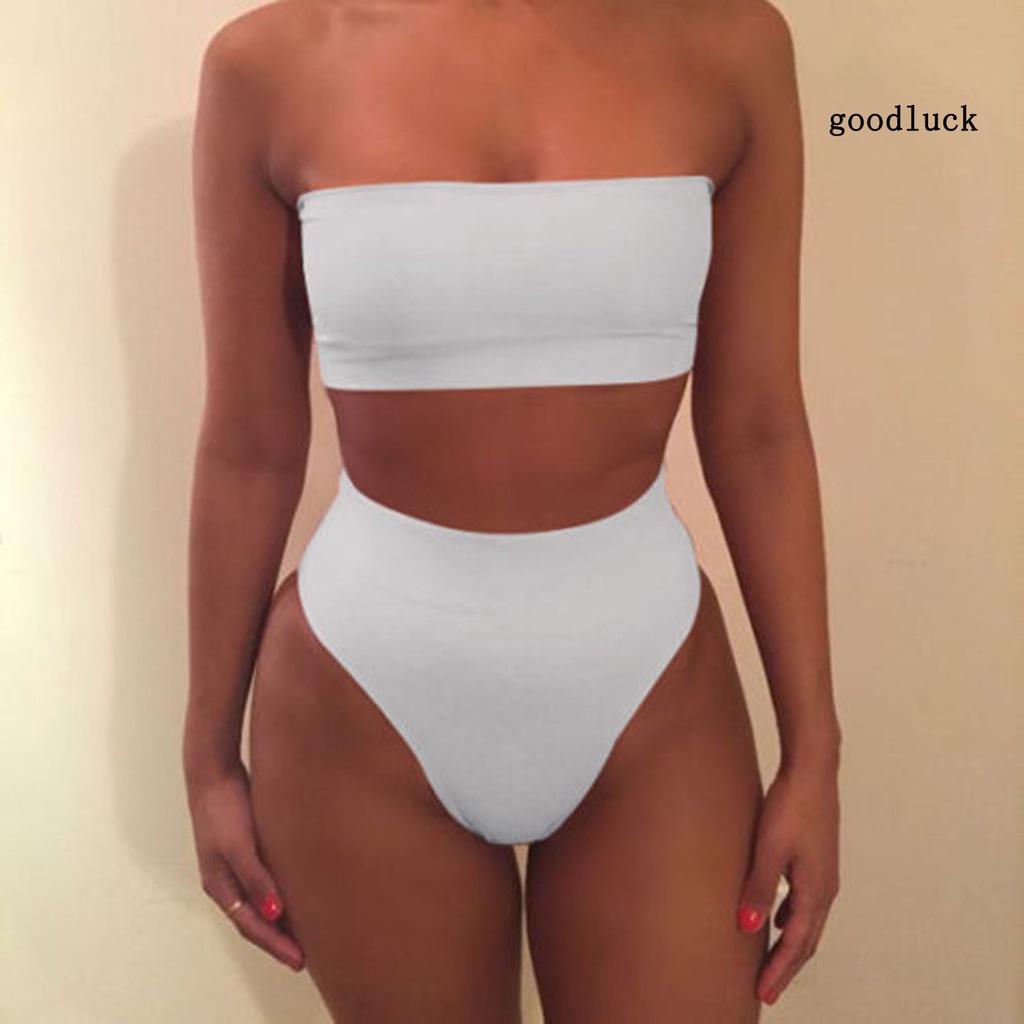Bộ Bikini 2 Mảnh Lưng Cao Co Giãn Màu Trơn Thời Trang Mùa Hè Cho Nữ
