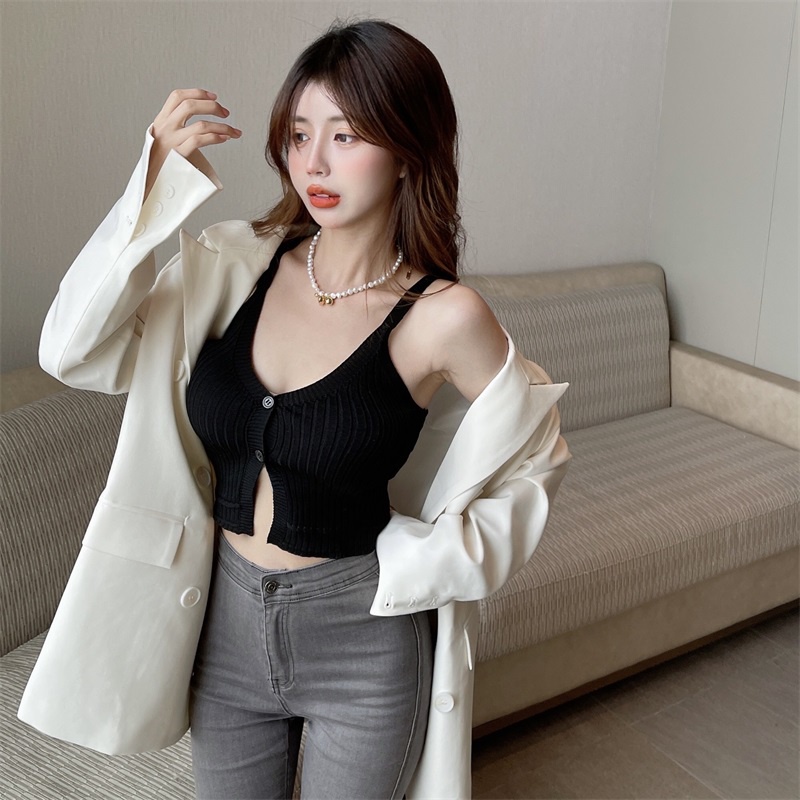 Áo Hai Dây Dệt Kim Cổ Chữ V Dáng Ôm Xẻ Tà Quyến Rũ Thời Trang Cho Nữ