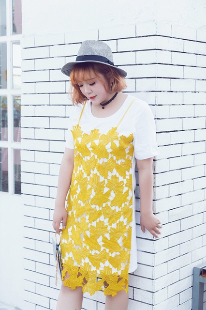 Đầm big size kiểu yếm màu trắng phối ren vàng nhập khẩu size lớn 3xl 80-90kg