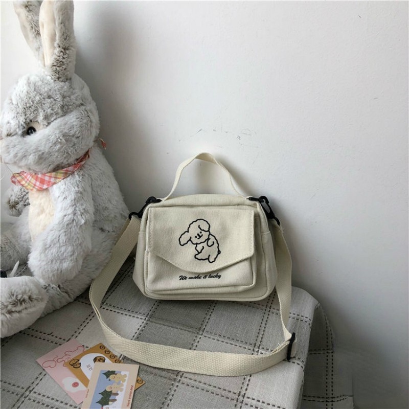 Túi đeo chéo vải canvas thêu hình chú cún đáng yêu phong cách Harajuku Nhật Bản cho nữ