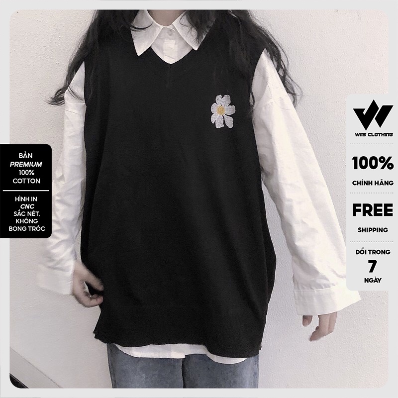 Áo gile unisex WIIS form rộng thêu Hoa Cúc áo kiểu nam nữ oversize ulzzang
