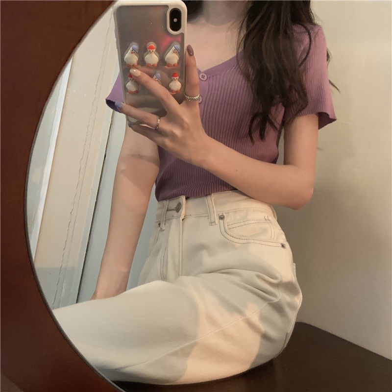 Áo Dệt Kim Tay Ngắn Cổ Chữ v Dáng Ôm Thời Trang Mùa Hè Phong Cách Hàn Quốc 2022 Cho Nữ