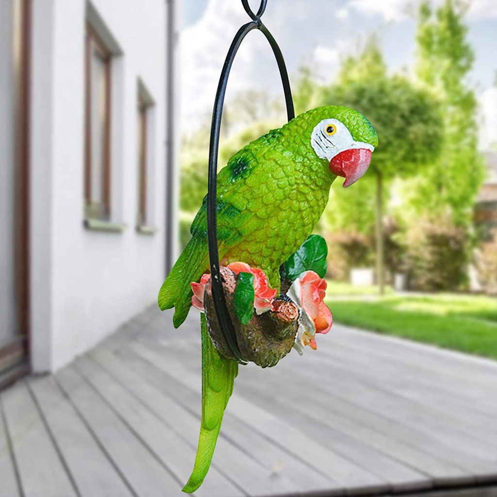 LUCKY Garden Decor Bird Statues Perching Hanging Sculpture Parrot Statue Artificial Iron Ring Home Garden Resin Lawn Ornament/Multicolor