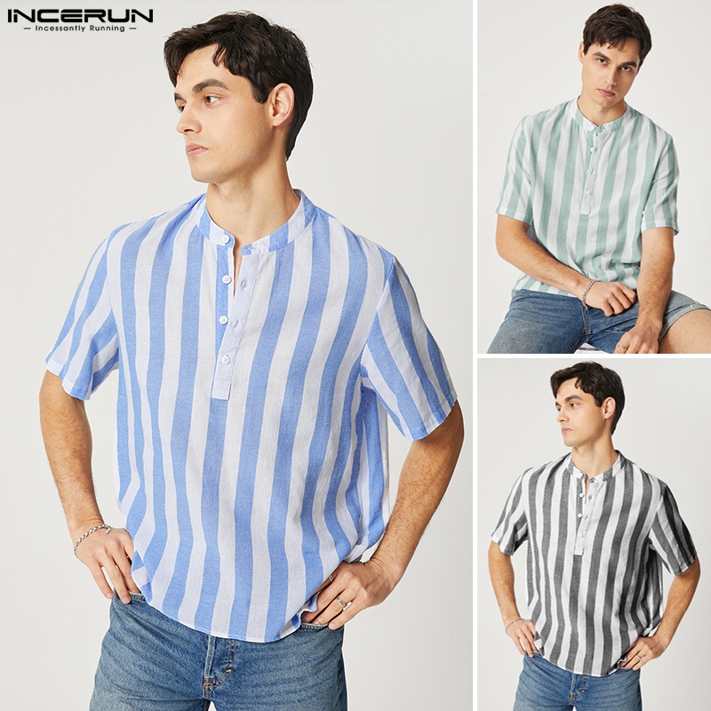 Áo sơ mi INCERUN ngắn tay họa tiết kẻ sọc đính nút 3 màu tùy chọn thời trang cho nam
