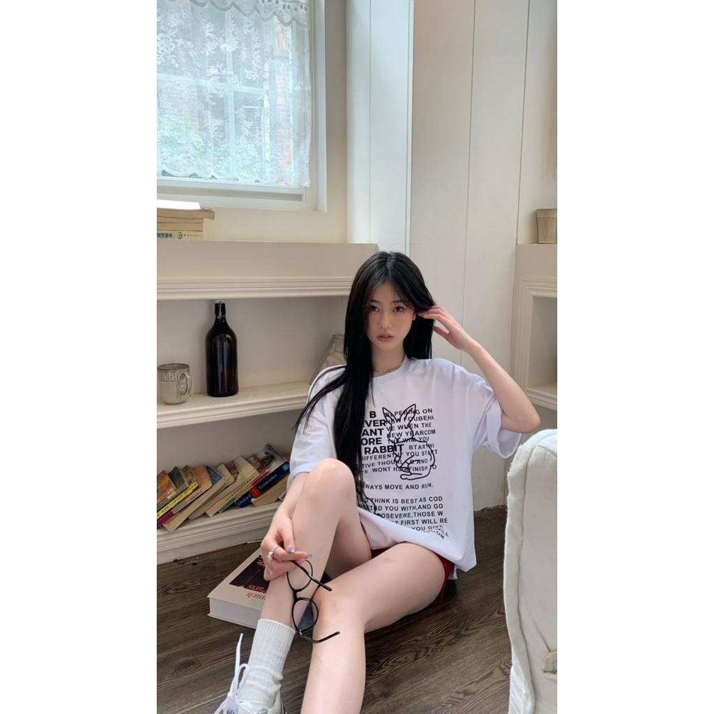 「 WELOVE1 」Áo Thun 100% Cotton Tay Ngắn Cổ Tròn Dáng Rộng In Hình Thỏ Và Chữ Phong Cách Hàn Quốc Dành Cho Nữ