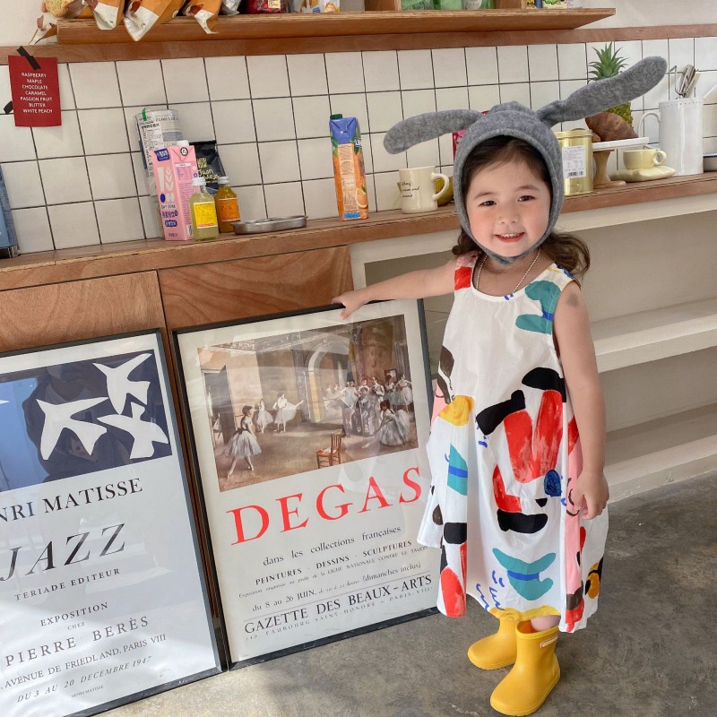 Đầm Không Tay Cổ Tròn Dáng Rộng In Họa Tiết Hoạt Hình Phong Cách Hàn Quốc Thời Trang Mùa Hè Xinh Xắn Cho Bé Gái