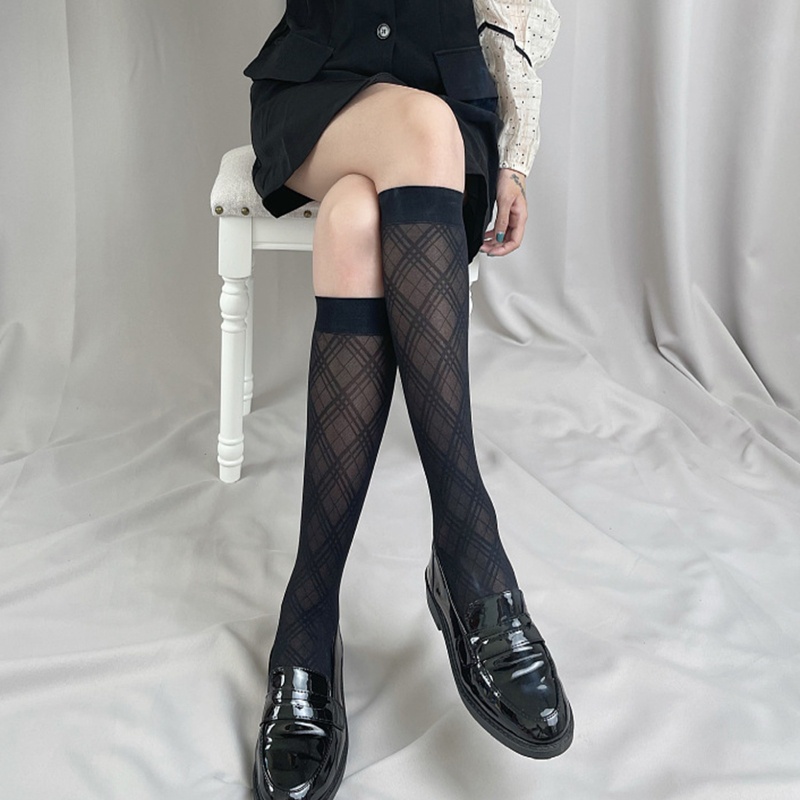Vớ Dài Qua Gối Mỏng Họa Tiết Sọc Caro Đính Kim Cương Phong Cách Lolita Nhật Bản Cho Nữ