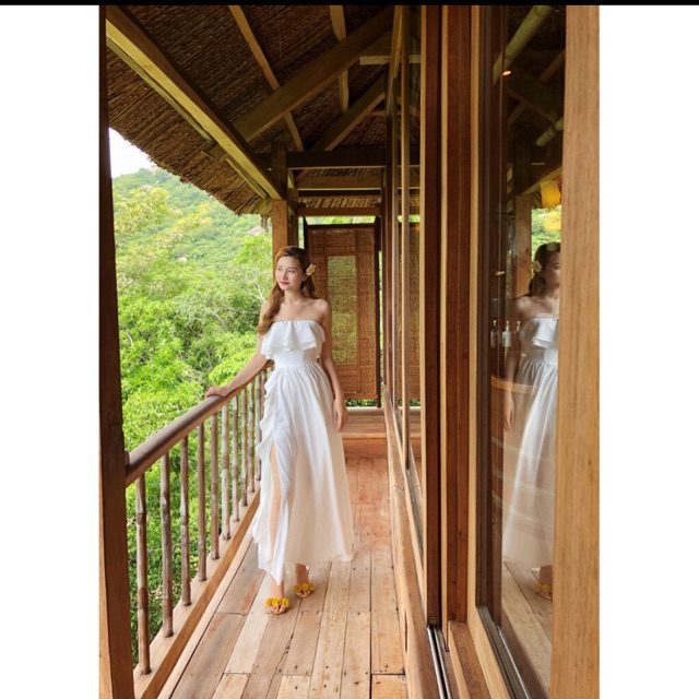 [Mã WAMT1505 giảm 10K đơn 0K] Đầm Trắng Xẻ Tà Phối Bèo,Maxi Đi Biển, kèm hình ảnh thật