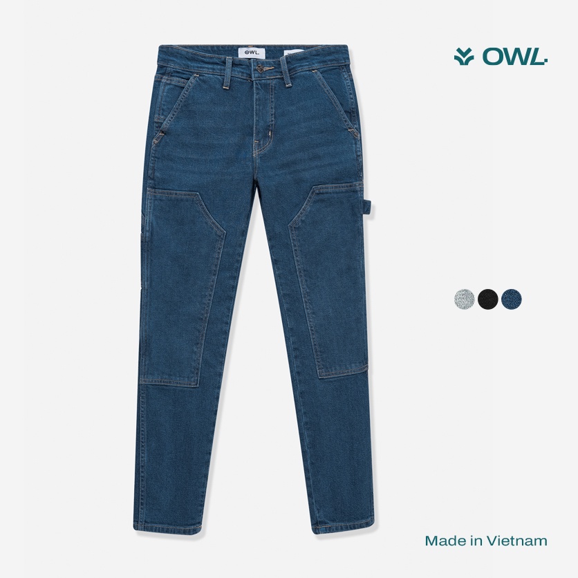 OWL BRAND® DOUBLE KNEE SKINNY JEANS - Quần jeans dài may đắp dáng ôm / Xanh đậm - OWL191021