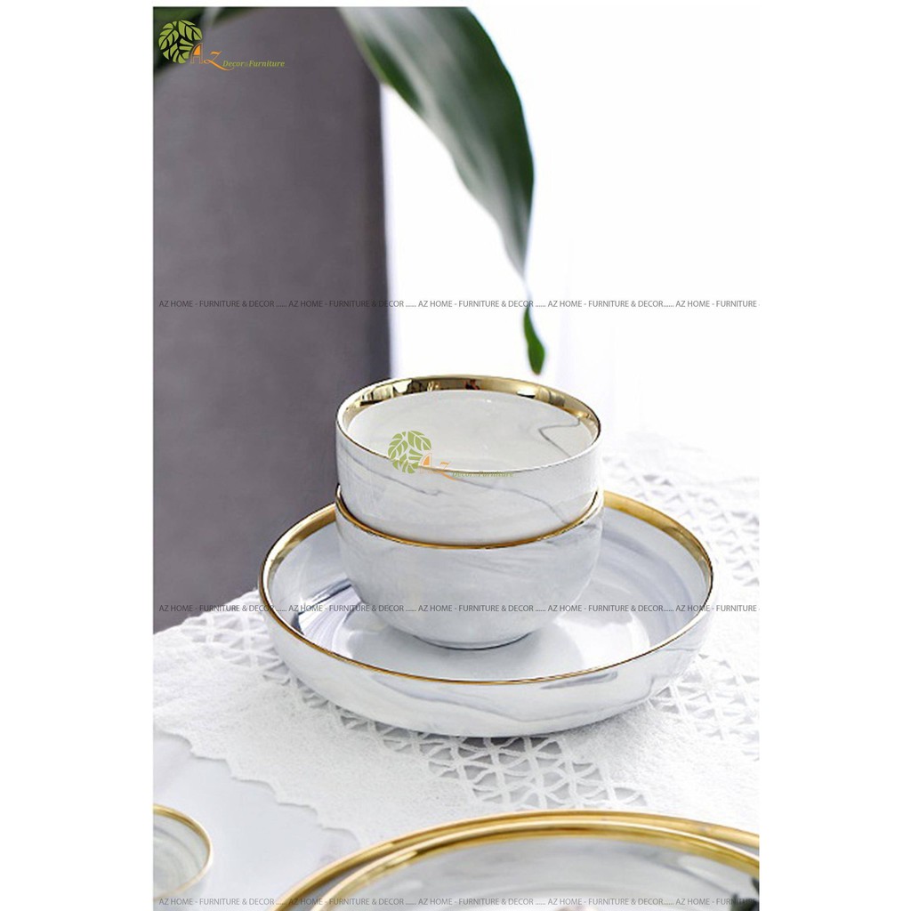 Bộ bát đĩa lẻ sứ đá gốm sứ cao cấp viền vàng phong cách bắc âu