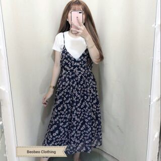 Set đầm yếm voan hoa kèm áo thun ulzzangStyle