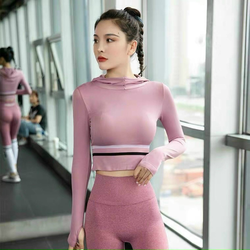 Áo croptop mũ dài tay cao cấp (đồ tập gym-yoga-zumba nữ)