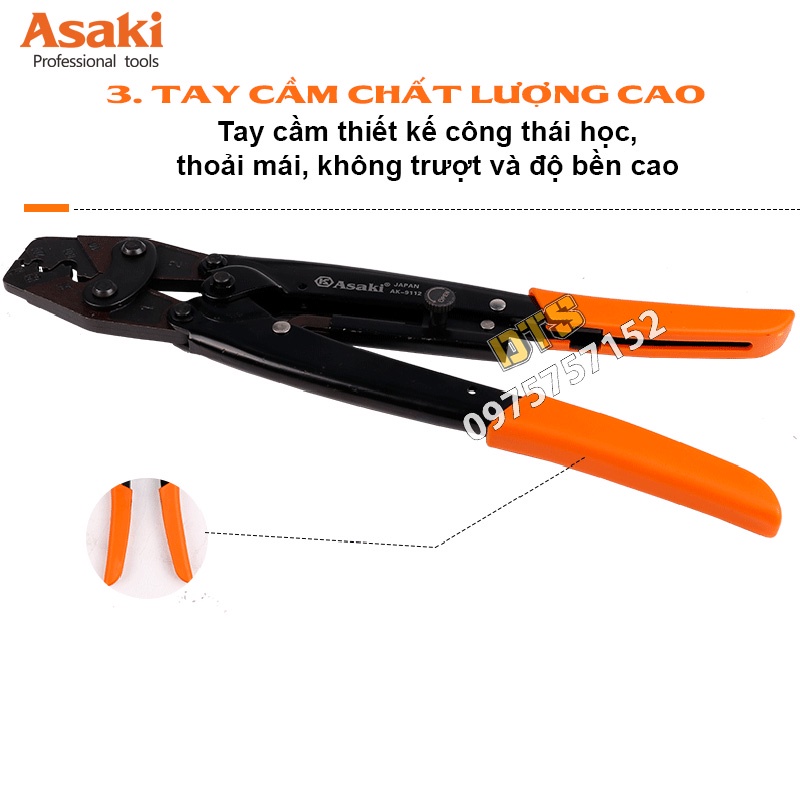 Kìm bấm cos trợ lực hãng Asaki JAPAN, kìm bấm đầu cos tròn cộng lực siêu khoẻ, siêu bền, độ chính xác cao (Kềm bấm cốt)