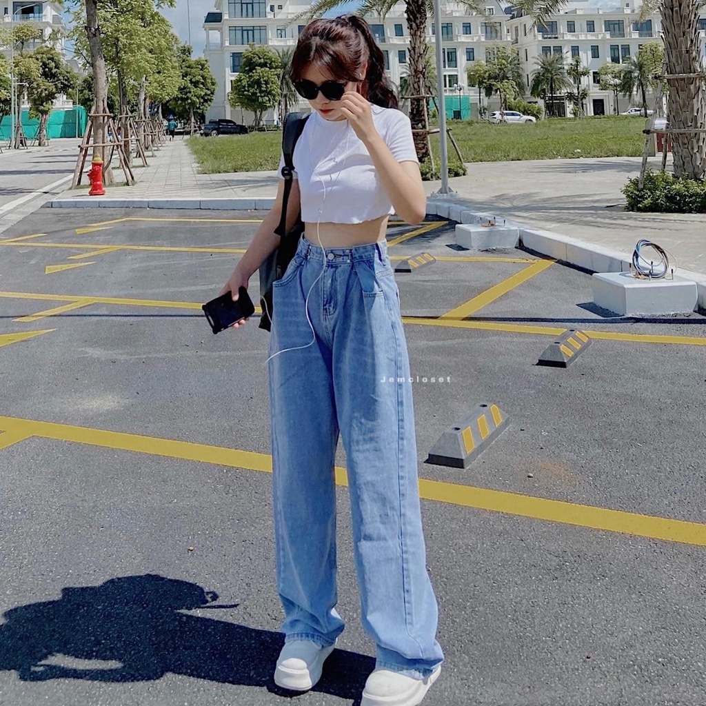 Quần Jean Ống Suông Nữ JEM CLOSET Quần Bò Nữ Ống Rộng SEEM Thiết Kế Lưng Cao Có Eo Cài Phong Cách Hàn Cực Xinh 2261