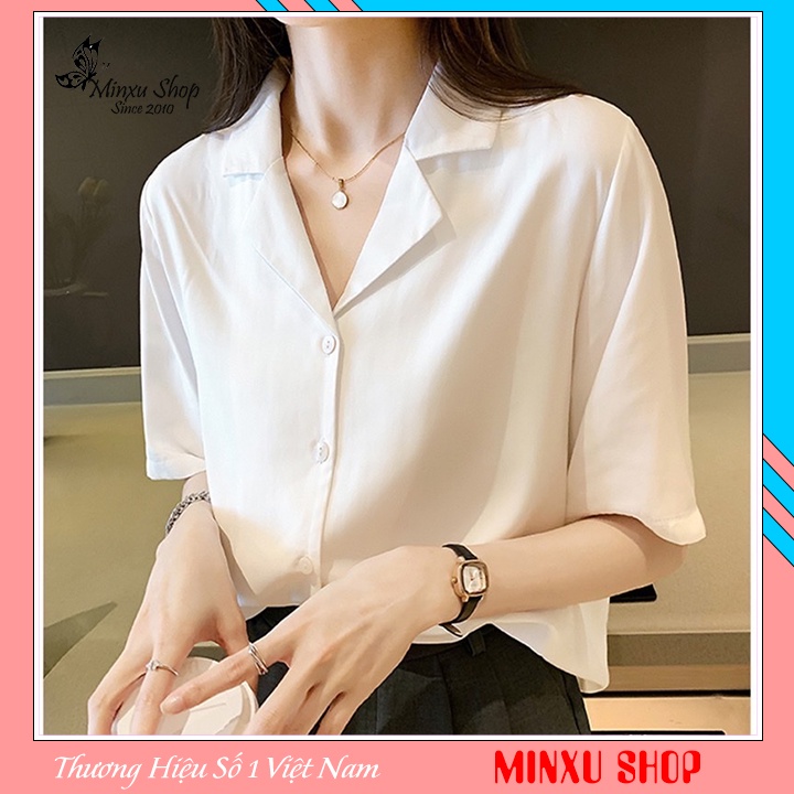 Áo sơ mi nữ ngắn tay cổ vest form rộng, chất vải đũi tơ dày dặn không nhăn mát lịm phong cách Hàn Quốc Minxu shop OC09