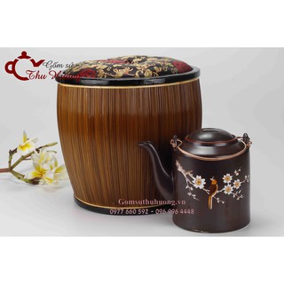 Bao ủ_Giỏ ủ ấm kèm ấm tích Bát Tràng 1 lít khắc vẽ chim đào