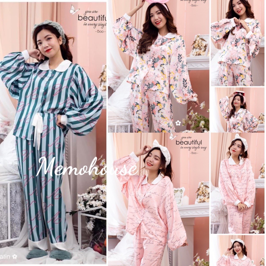 Đồ Mặc Nhà Pijama Lụa Satin Cổ sen Tay phồng TDQD - form dưới 62kg