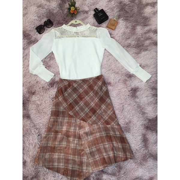 Chân Váy vintage Nhật 2 hand hiệu  priverite, Size S -họa tiết sọc ca rô