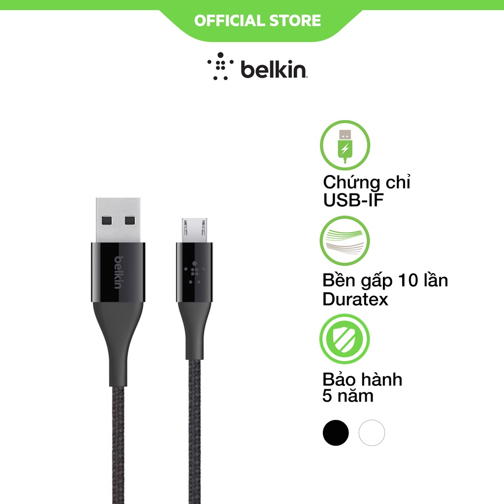 Cáp sạc Micro Belkin Duratek vỏ dù kevlar siêu bền 1.2m, hàng chính hãng cao cấp - BH 2 năm - F2CU051bt