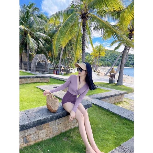 Bộ bơi nữ , bikini một mảnh dài tay tím xoắn ngực (có sẵn)