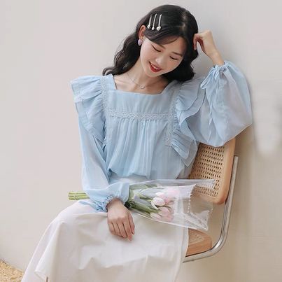 Áo kiểu nữ Hàn Quốc đẹp bánh bèo dài tay dễ thương cổ vuông tay phồng AKN001