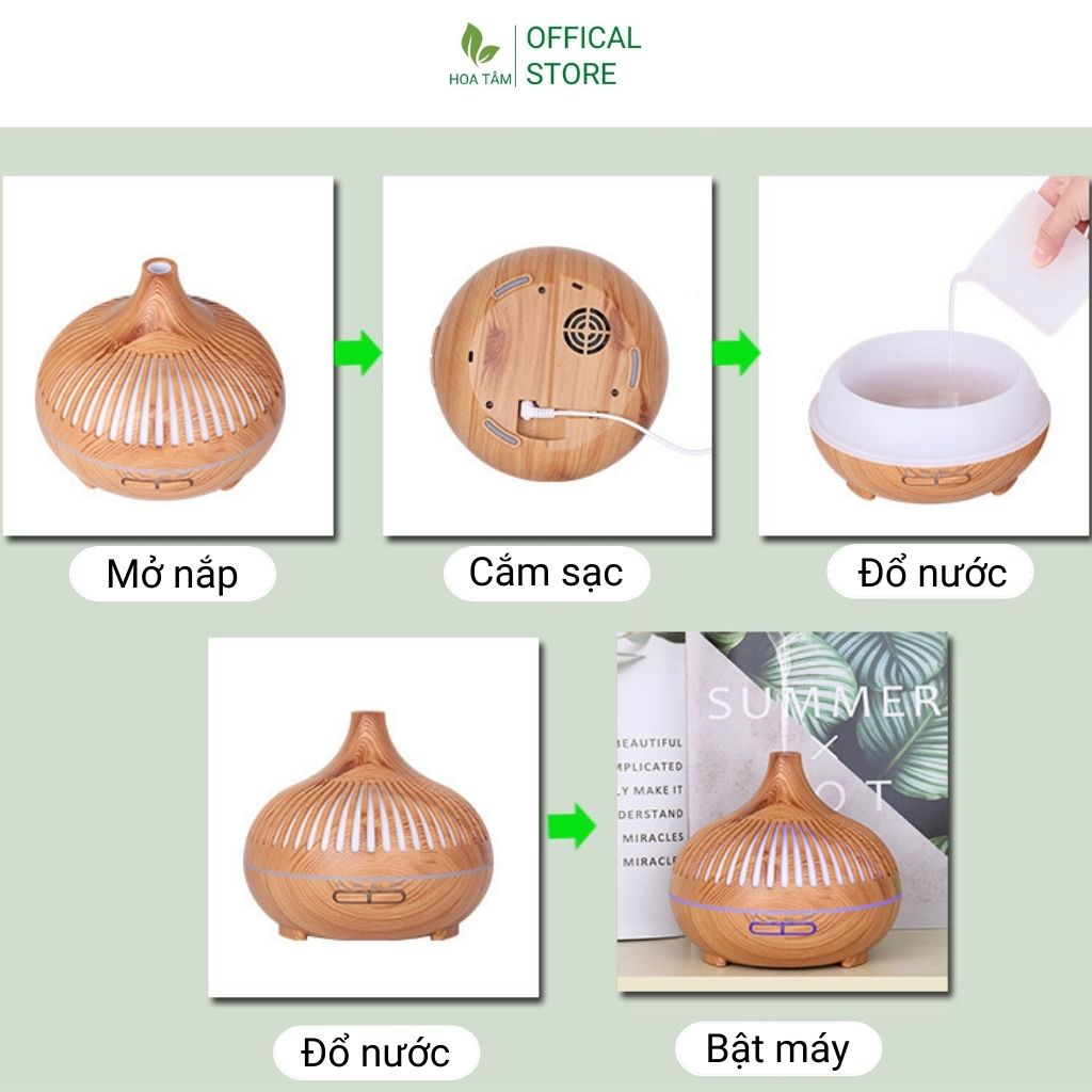 Máy xông tinh dầu phòng ngủ khuếch tán hương thơm, cổ cao vân gỗ, có điều khiển 550ml đèn led 7 màu
