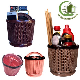 Rổ nhựa tròn có quai xách - giỏ nhựa hoa đựng bút viết, điện thoại, gia vị, mỹ phẩm - 14x15cm