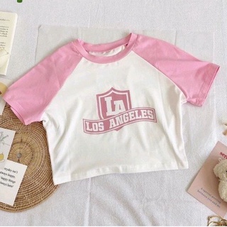 Áo thun croptop raplan tay ngắn hoạ tiết in chữ la đáng yêu