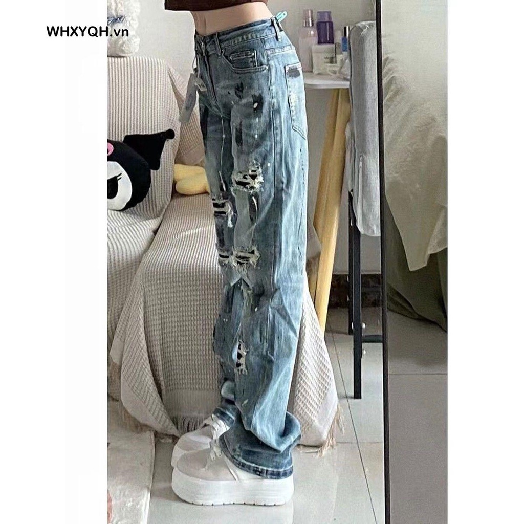 Quần Jean Dài Ống Suông Rộng Phối Rách Cá Tính Theo Phong Cách Retro