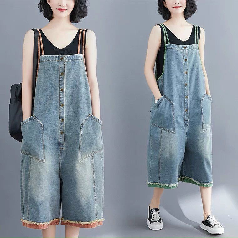 Quần yếm jean nữ thụng phối dây màu kiểu túi trước và sau phong cách thời trang KKShopFashion