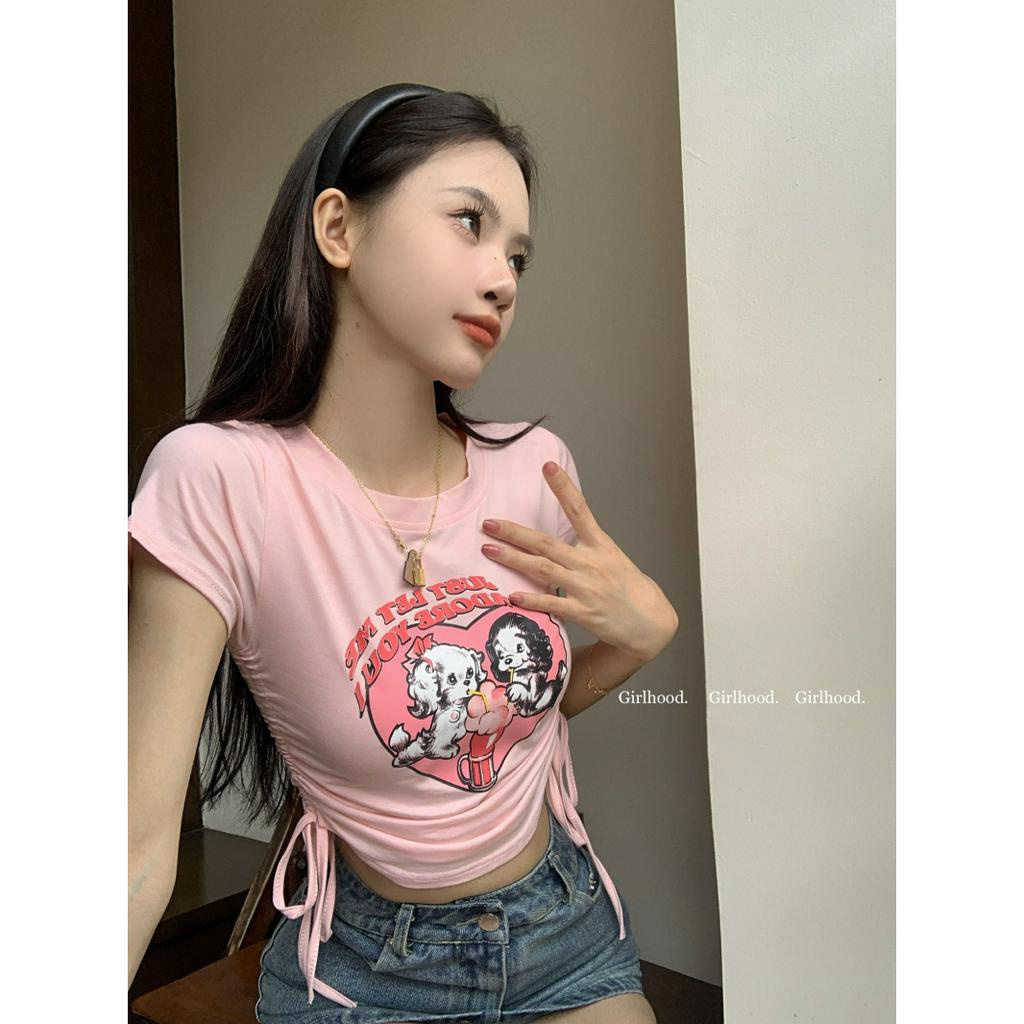 Áo Thun Crop Top Tay Ngắn Cổ Tròn In Hình Chú Chó Hoạt Họa Trái Tim Phối Dây Đeo Thời Trang Mùa Hè Mới Cho Bạn