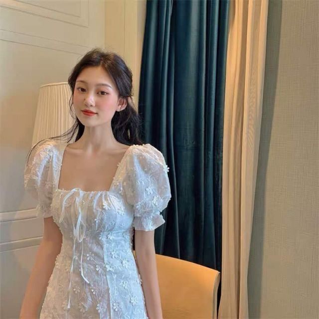 (Sẵn S) Váy trắng tay bồng ôm ngực basic style Hàn Quốc / Đầm trắng cổ vuông ulzzang (có feedback) | BigBuy360 - bigbuy360.vn