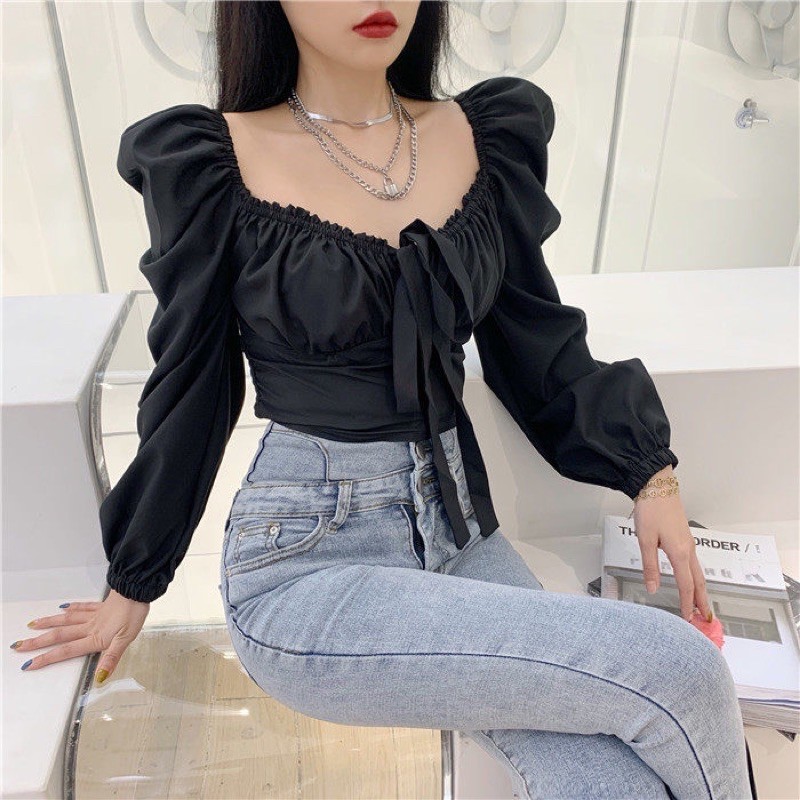 [Có sẵn+ảnh thật] Áo sơmi thắt nơ ngực croptop bèo nhún sexy | BigBuy360 - bigbuy360.vn
