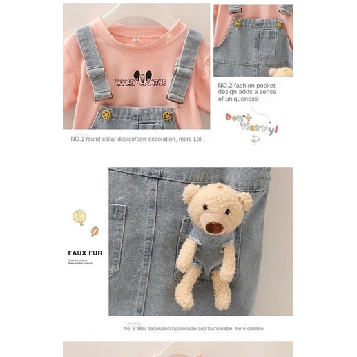 Set đồ gồm áo thun tay ngắn + chân váy yếm denim thời trang mùa hè 2021 dành cho bé gái