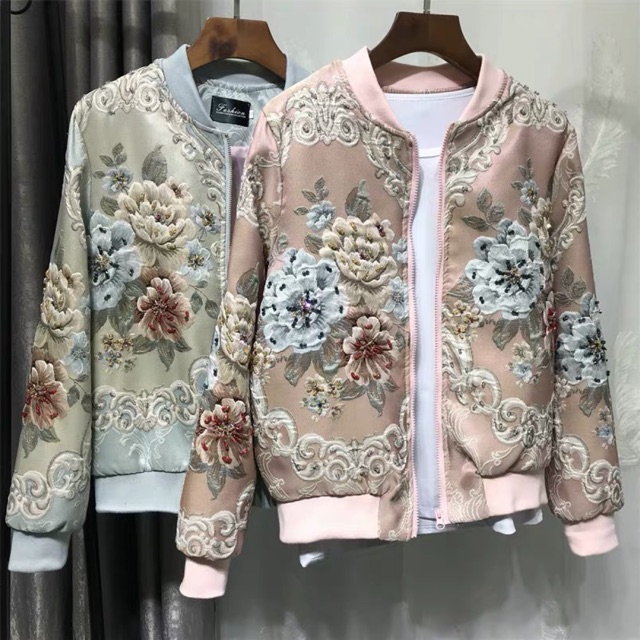 Áo khoác bomber jackets satin thêu hoa nổi