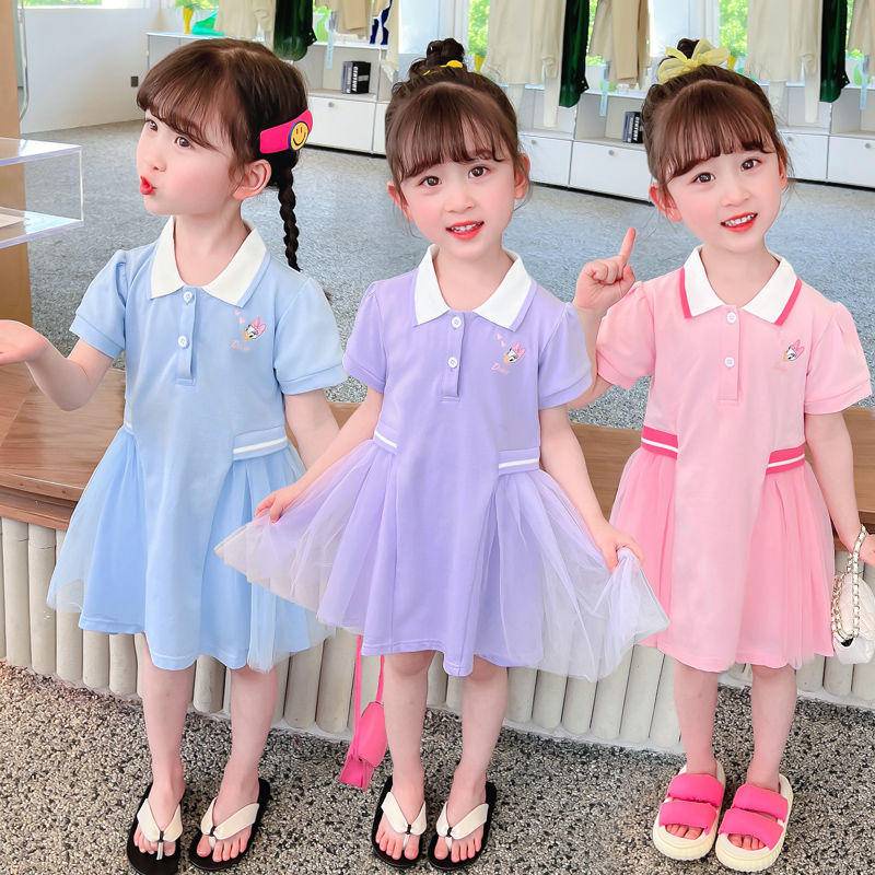 Áo đầm cổ polo dài trung bình tay ngắn phong cách sinh viên phương Tây Hàn Quốc dành cho bé gái