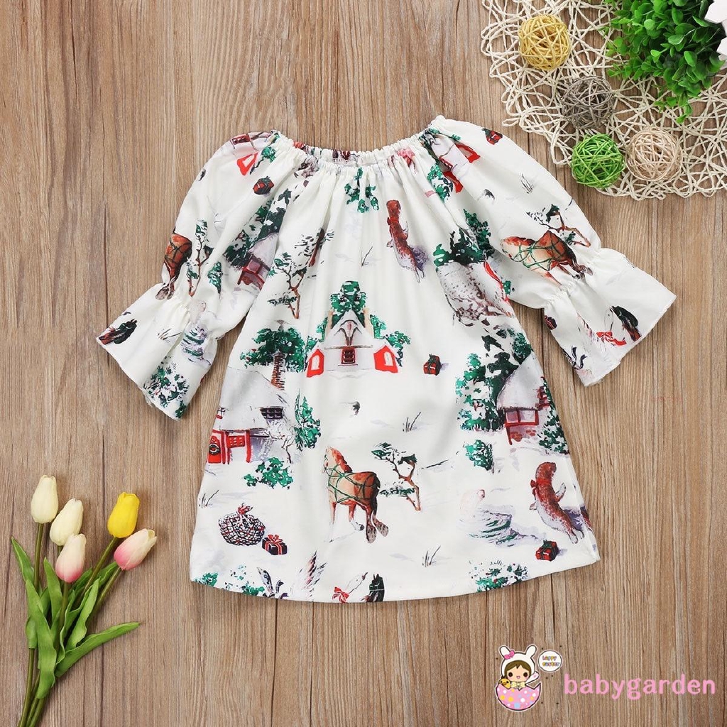 Đầm tay lửng in họa tiết chủ đề giáng sinh dễ thương cho bé gái