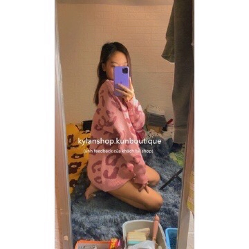 Áo khoác cardigan lông thỏ dáng rộng hoạ tiết kim beo khoác len phong cách Hàn Quốc