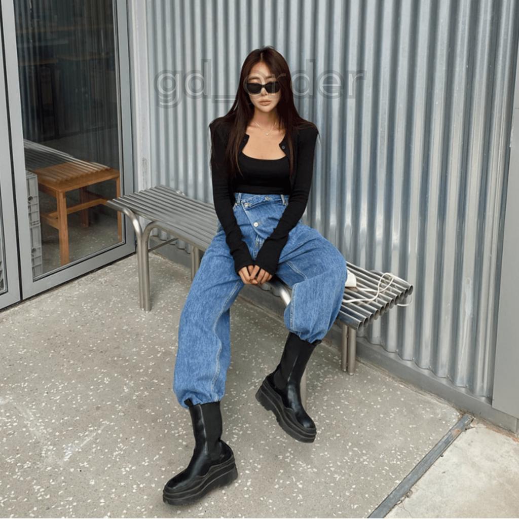 Q9|Quần jeans bò nữ ống rộng cạp cao khóa chéo hàn quốc basic dễ mặc đi học, đi chơi gd_order
