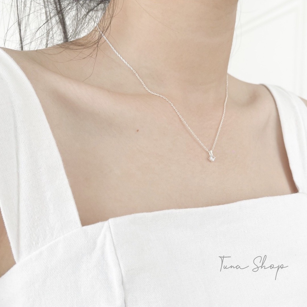 Dây chuyền Bạc pha lê nhỏ TUNA SILVER, Vòng cổ Bạc gắn đá thanh mảnh cao cấp 𝐂𝐚𝐦 𝐤𝐞̂́𝐭 𝐜𝐡𝐮𝐚̂̉𝐧 𝐁𝐚̣𝐜
