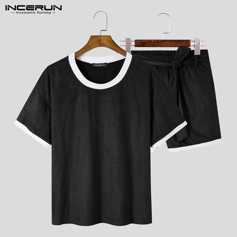 INCERUN Set Áo Thun Ngắn Tay Cổ Tròn Và Quần Short Thời Trang Mùa Hè Cho Nam