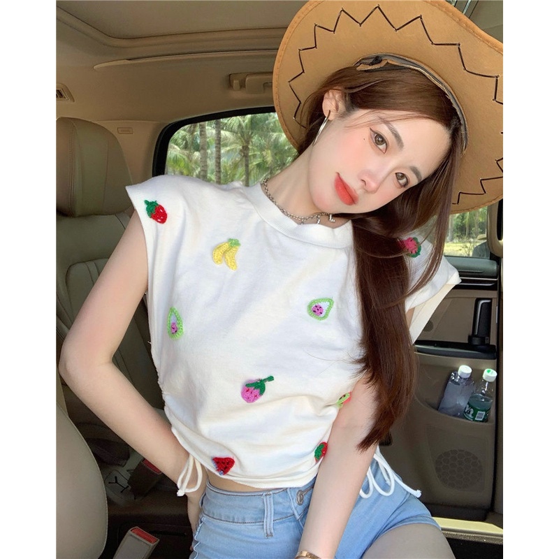 Áo Thun Dệt Kim Sát Nách Phối Dây Rút Thêu Họa Tiết Trái Cây Xinh Xắn
