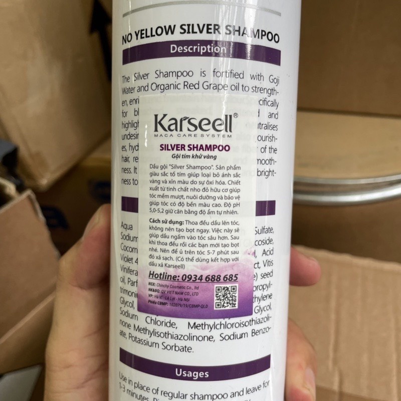 Dầu gội tím Giữ màu & Khử vàng Karseell SILVER No Yellow Shampoo 1000ml