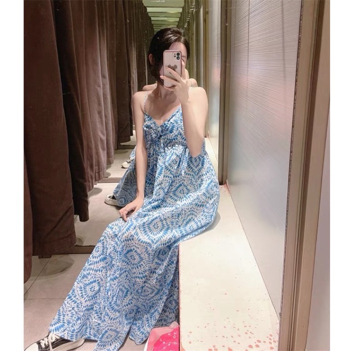 Đầm maxi xanh dáng dài cổ dây điều chỉnh ZA